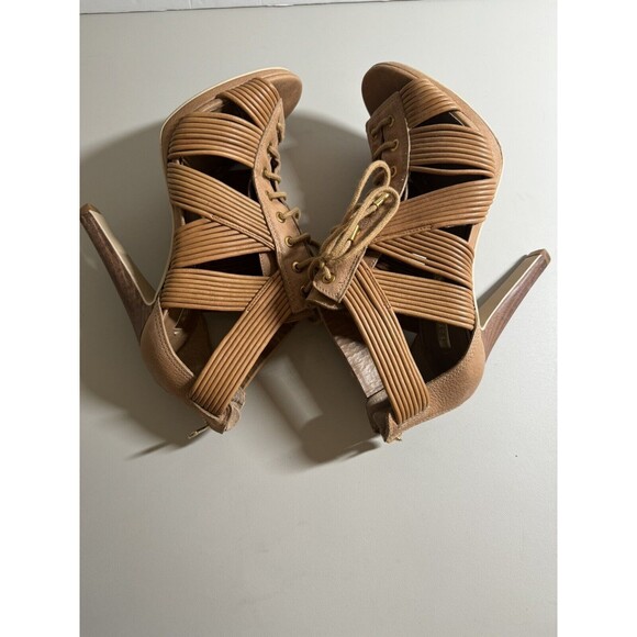 BCBG maxazaria Heels Shoes Gladiator Lace Up Woven Brown Peep Toe Boho Size 8.5 - Picture 10 of 14